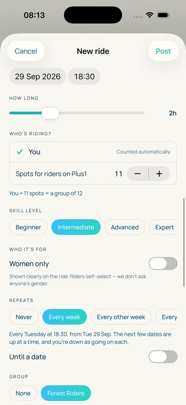 Creating a ride that repeats every week, attached to the group