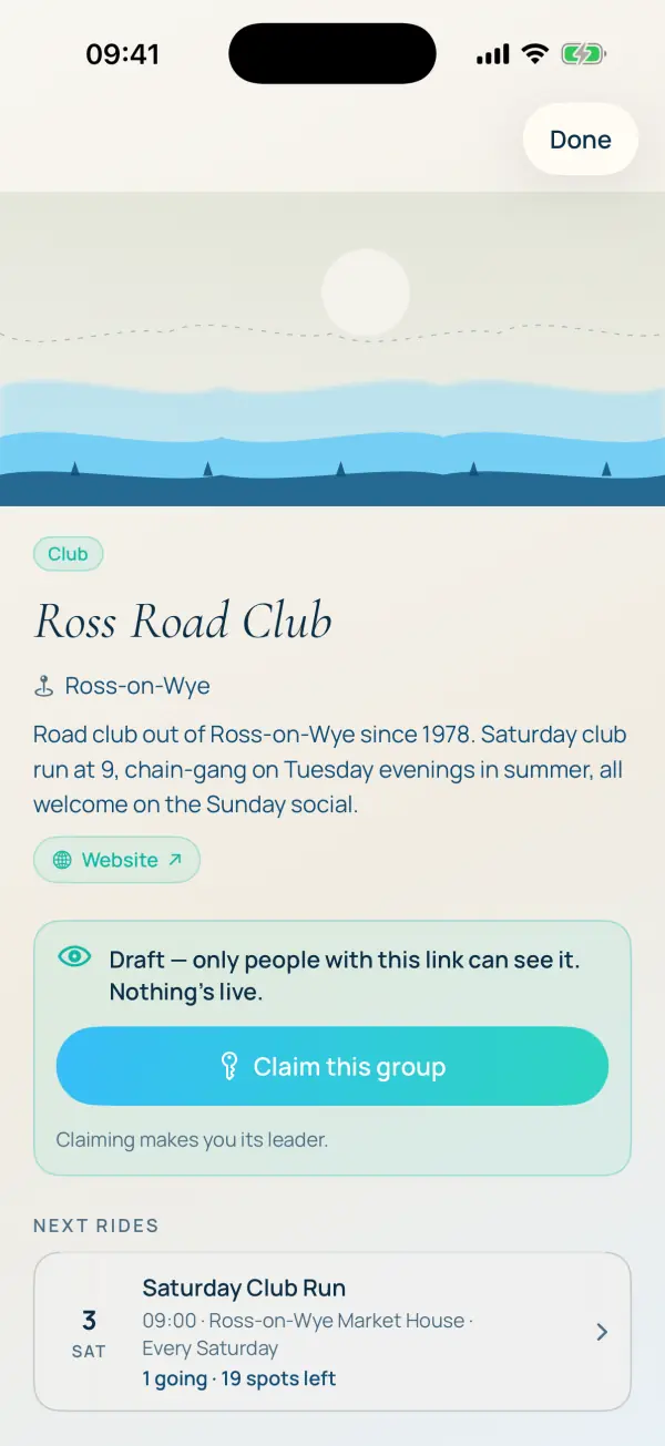 A draft group page that only people with the link can see, with a Claim this group button