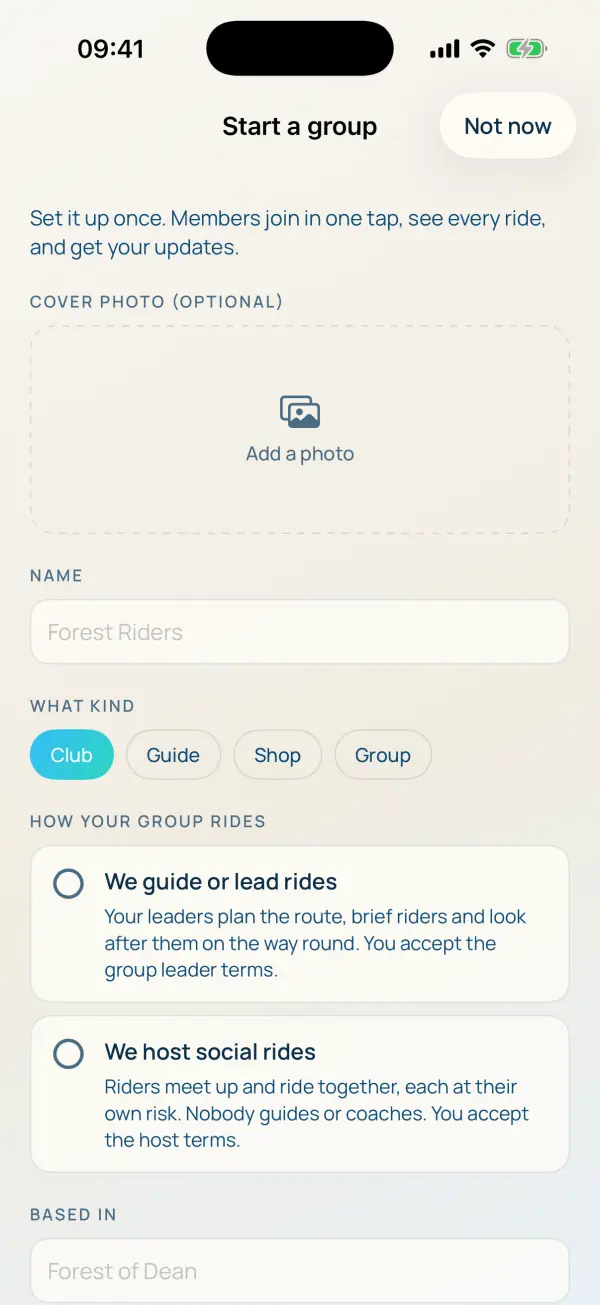 The Start a group form: cover photo, name, what kind, how your group rides and where it's based