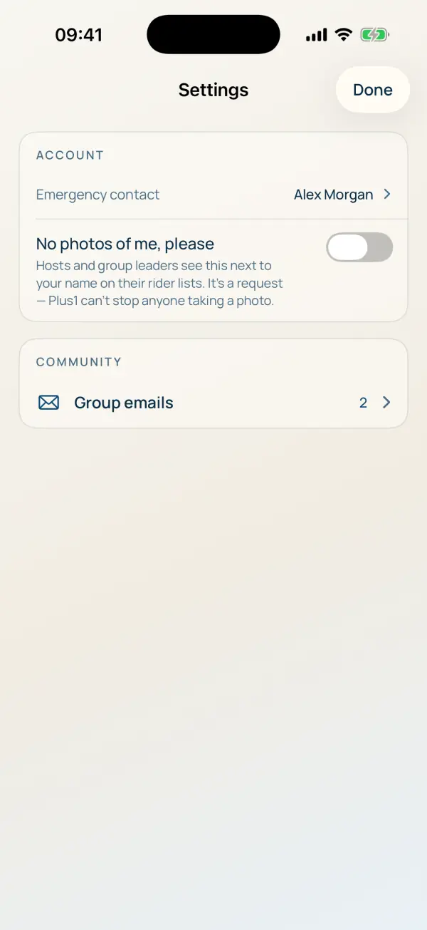 Settings: emergency contact, No photos of me please, and group emails