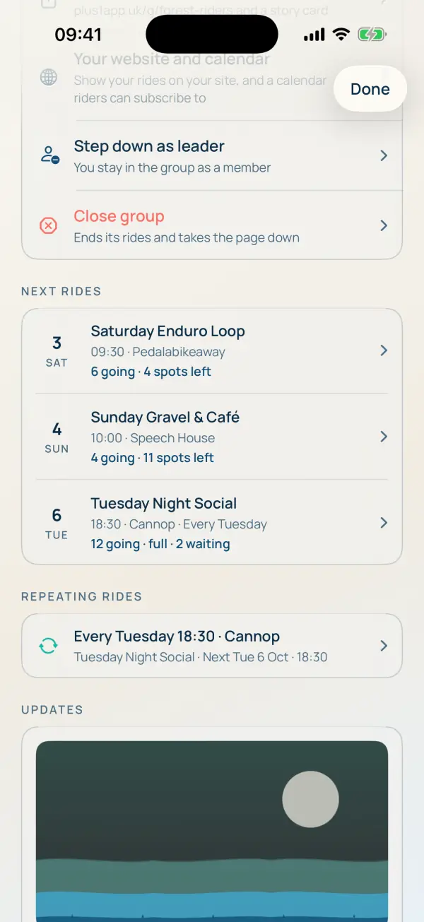 Next rides, repeating rides and updates on the group page