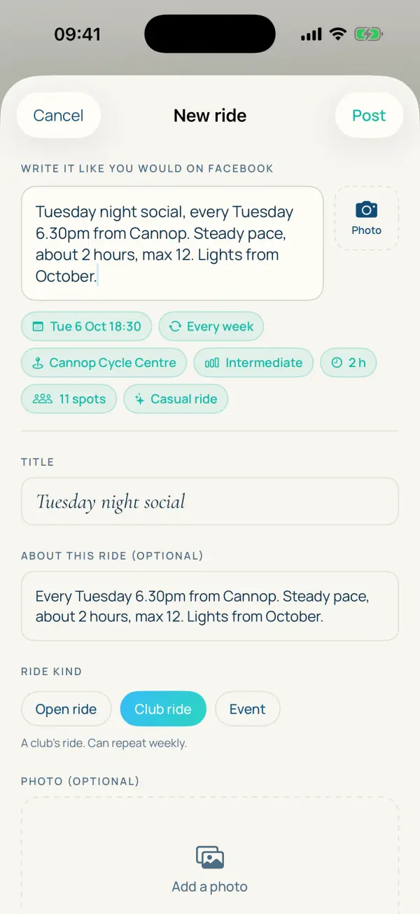 Quick post: a ride written in plain words, with the date, place, level, length and spots picked out underneath