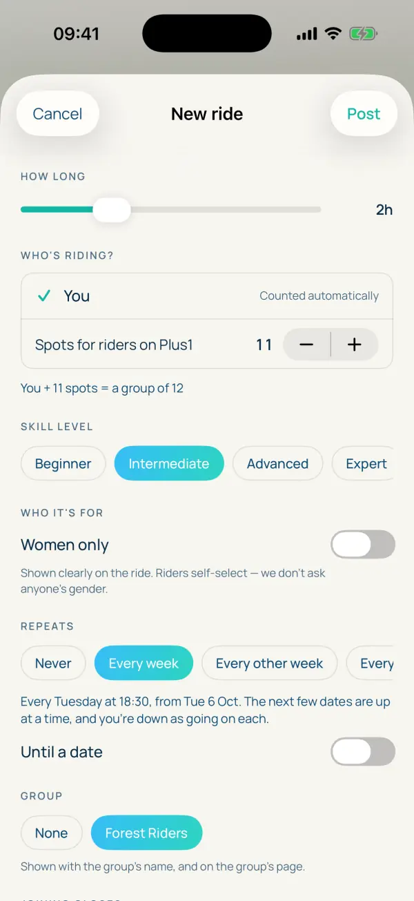 The ride form: spots for riders, skill level, women only, repeats every week, and the group
