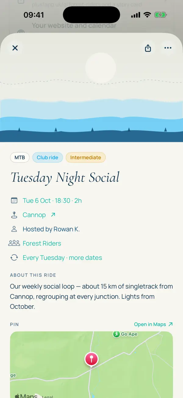 The Tuesday Night Social ride page: date, Cannop, hosted by Rowan K., Forest Riders, every Tuesday
