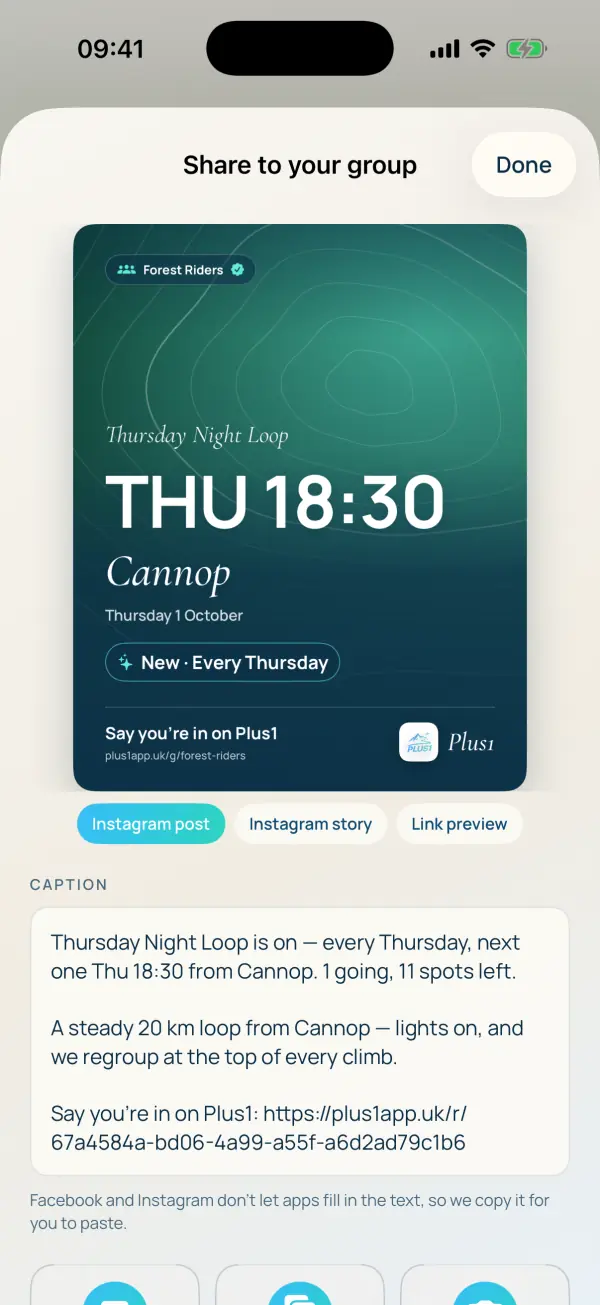 Share to your group: an Instagram post card for a ride, with a caption ready to paste