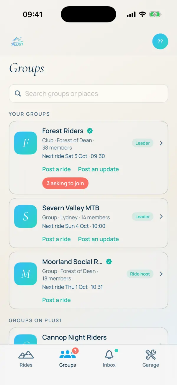 The Groups tab: your groups, with Post a ride and Post an update on each