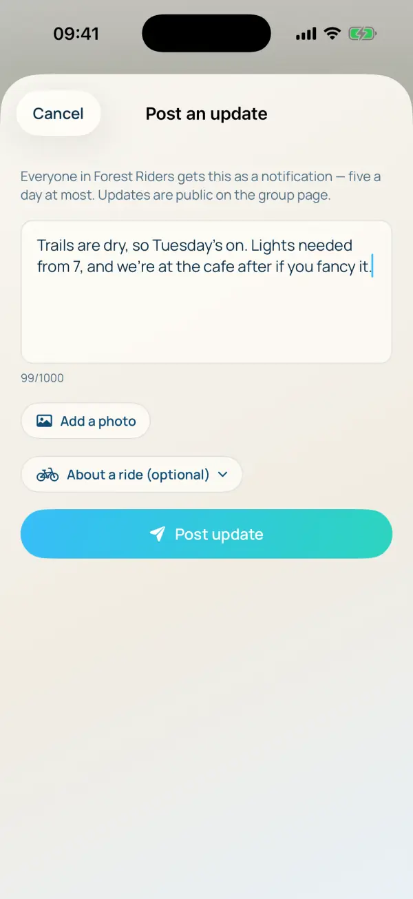 Posting an update to Forest Riders: a short message, an optional photo and an optional ride