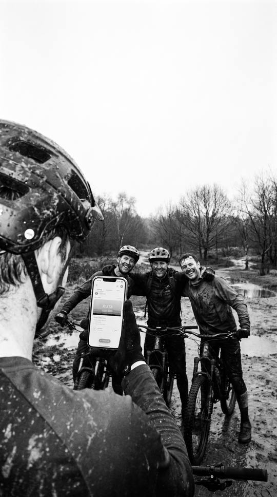 over the shoulder: a rider checking the rides list in plus1 while his mates wait with their bikes