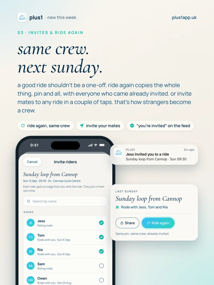same crew, next sunday: invites and ride again