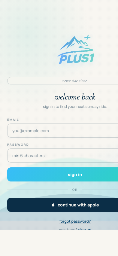 plus1 sign-in screen with mountain logo and the tagline never ride alone